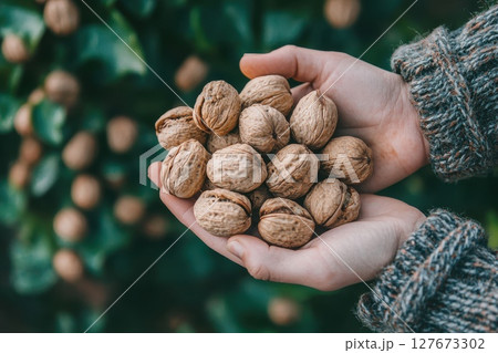 A hand is holding a handful of walnuts A hand is holding a handful of walnuts 127673302