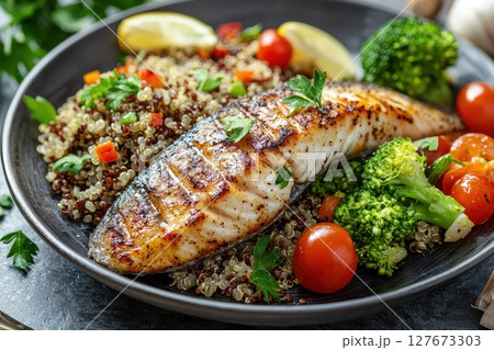 A plate of food with a fish fillet, tomatoes, broccoli, and quinoa A plate of food with a fish fillet, tomatoes, broccoli, and quinoa 127673303
