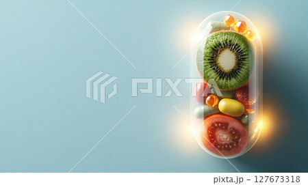 Natural Food Supplements Concept, Fresh Fruits and Vegetables in Capsule with Glowing Light Effects for Health and Wellness Copy Space 127673318