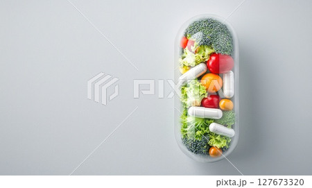 Nutrient-Rich Natural Supplements Concept with Streams of Fruits and Vegetables in Capsule Form Nutrient-Rich Natural Supplements Concept with Streams of Fruits and Vegetables in Capsule Form 127673320