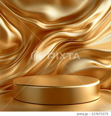 Single-tiered gold podium against a backdrop of luxurious wavy silk drapes for product display. Generative AI 127673373