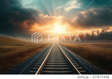 A train track with a sun shining on it 127673408