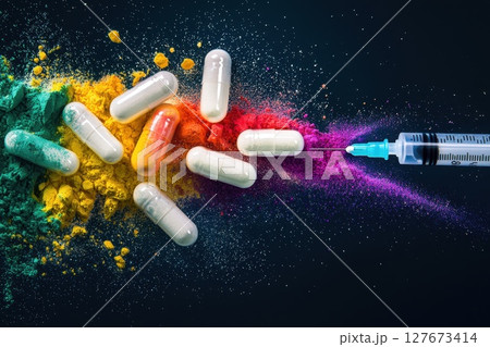 A colorful pill bottle with a syringe next to it, Concept of medicine and health A colorful pill bottle with a syringe next to it, Concept of medicine and health 127673414