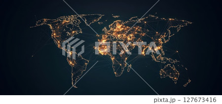 A globe with lights on it. The globe is lit up with a dark background, Concept of interconnectedness and the vastness of the world 127673416