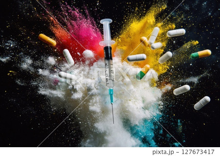 A syringe is surrounded by a cloud of pills, Concept of medicine and health 127673417