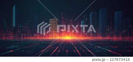 A cityscape with a bright orange glow in the sky 127673418