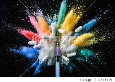 A colorful explosion of pills and a syringe, Concept of health and wellness 127673419