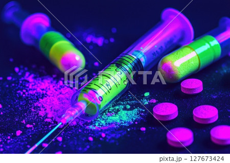 A syringe with a green and yellow cap is on a table with pills, Concept of medicine and health A syringe with a green and yellow cap is on a table with pills, Concept of medicine and health 127673424