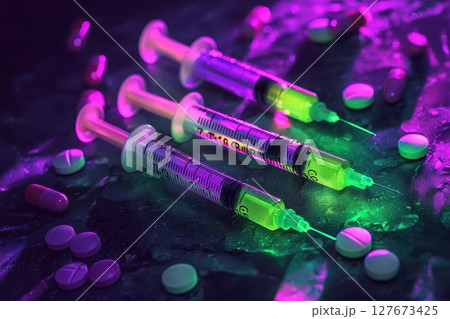 Three syringes with a green and purple tip are on a table with pills, mystery and intrigue Three syringes with a green and purple tip are on a table with pills, mystery and intrigue 127673425