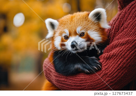 A person is holding a small red panda, with the person and the animal sharing a close bond 127673437