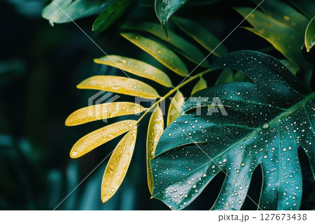 A leafy green plant with droplets of water on it, The plant is lush and vibrant, with a sense of freshness and vitality 127673438
