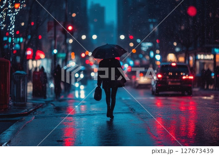 A woman walking down a wet city street with an umbrella. The street is lit up with bright lights and the rain is falling 127673439