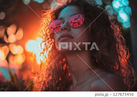 A woman with long hair and red sunglasses is looking at the camera, with the sun shining brightly and casting a golden glow on the woman's face 127673450