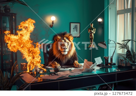 A lion is sitting at a desk with a fire burning behind him, position of authority 127673472