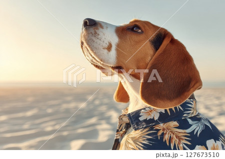 Adorable Dog in Stylish Floral Shirt Enjoying a Summer Day at the Beach 127673510