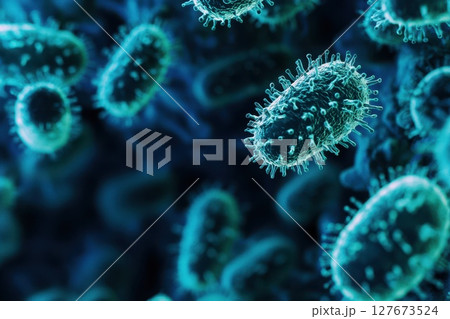 Illuminated Microscopic Cluster of Blue and Green Bacteria Cells, Biological Study Concept with Depth of Field Illuminated Microscopic Cluster of Blue and Green Bacteria Cells, Biological Study Concept with Depth of Field 127673524