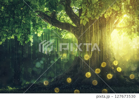 Financial Growth Among Nature, Oak Tree with Charts and Coins in Sunlight Financial Growth Among Nature, Oak Tree with Charts and Coins in Sunlight 127673530