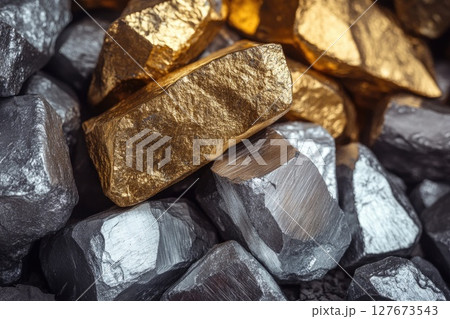 A pile of rocks with gold and silver on them A pile of rocks with gold and silver on them 127673543