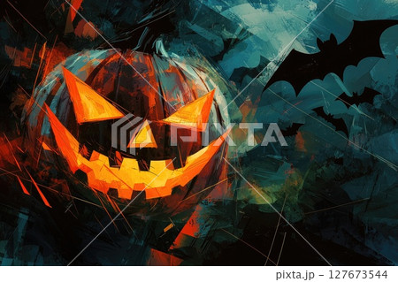 A painting of a pumpkin with a scary face and bats flying around it 127673544