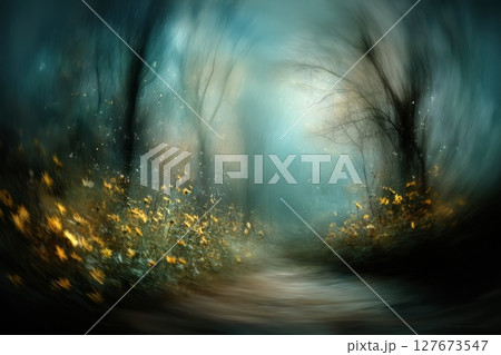 Surreal Twilight Landscape with Green Forest Floor Surrounded by Ethereal Light and Mystery 127673547