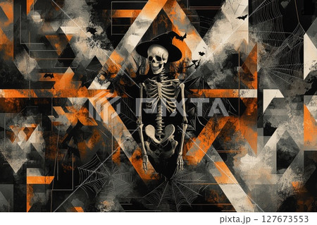 A skeleton is wearing a witch's hat and standing in front of a spider web 127673553