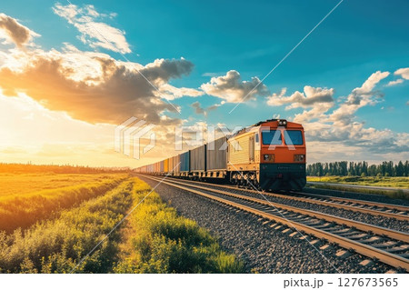 A train is traveling down the tracks with a beautiful sunset in the background A train is traveling down the tracks with a beautiful sunset in the background 127673565