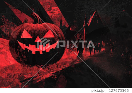 A pumpkin with a smiley face on it is surrounded by a dark background A pumpkin with a smiley face on it is surrounded by a dark background 127673566