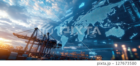 Shipping Port with Holographic World Map and Business Data Overlays 127673580