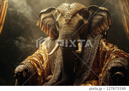 A gold-covered elephant is sitting in a chair A gold-covered elephant is sitting in a chair 127673590