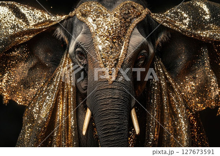 A gold covered elephant with a golden headdress A gold covered elephant with a golden headdress 127673591