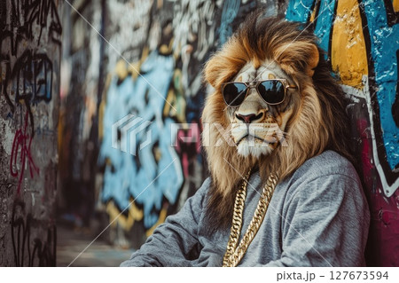 A lion wearing sunglasses and a gold chain sits on a wall 127673594