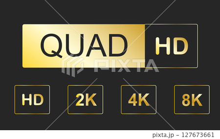 Video resolutions full ultra quad HD, video quality badge icon. Video resolution set. 127673661