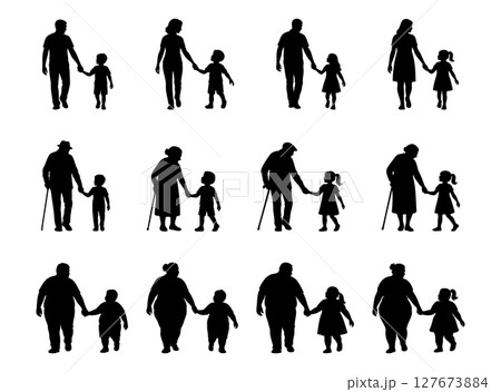 Set of silhouettes of adults of different ages with children walking hand in hand isolated on white background. concept of family generations, child care, parent kid relationship, walking together. 127673884