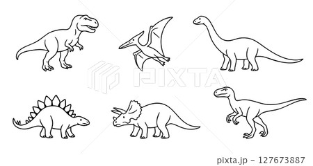 Set of Black outline illustrations of various dinosaur species including t-rex, pterodactyl, stegosaurus and other, isolated on white background. concepts of prehistoric animals, extinct creatures. 127673887