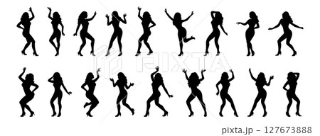 Set of Black silhouette of dancing woman in various poses, isolated on white background, graphic illustration. concept of dance, movement, choreography, icon, logo, design element. 127673888