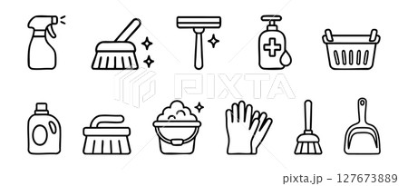 Black outline of cleaning tools and supplies set including spray bottle, mop, gloves, brush and other, isolated on white background. household chores, cleanliness, home maintenance, icon collection. 127673889