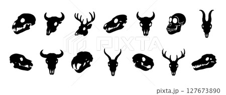 Black silhouette of various animal skulls, isolated on white background, graphic illustration. concept of wildlife, mysterious art, skull designs, decor elements, tribal tattoo symbols, collection. 127673890