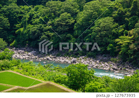 初夏の美しい木曽川と田園風景 初夏の美しい木曽川と田園風景 127673935