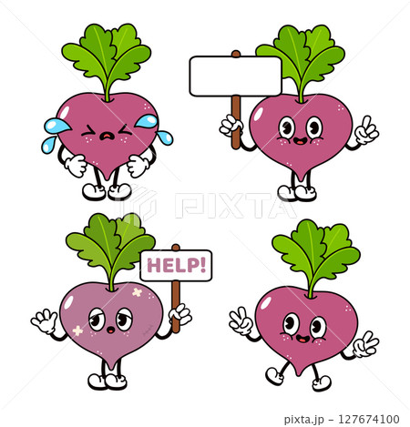 Playful Beetroot characters expressing varied emotions sad, happy, bored, pleading with whimsical cartoon styling Playful Beetroot characters expressing varied emotions sad, happy, bored, pleading with whimsical cartoon styling 127674100