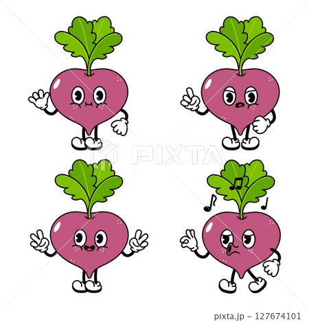 Four cute Beetroot cartoon characters showing different expressions and poses, ideal for healthy eating projects 127674101