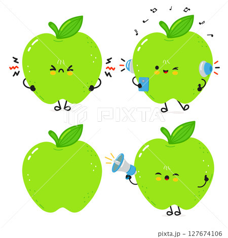 Four cute Green Apple cartoon characters with different facial expressions, listening music, getting angry and speaking with megaphone 127674106