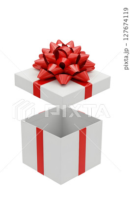 Open white gift box with red ribbon and bow. Present box with lid floating above. Surprise concept on transparent background. 127674119