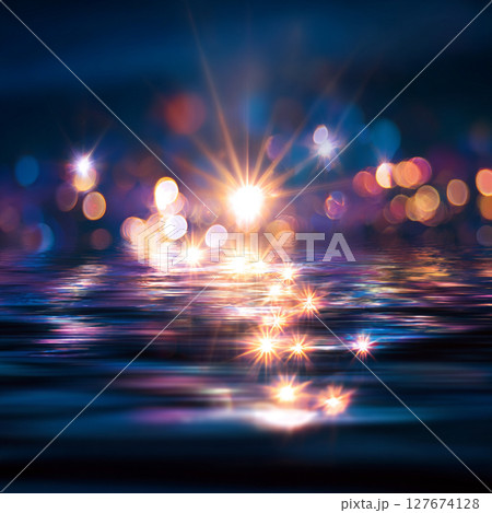 水の上の光の玉ボケの背景　AI画像 127674128