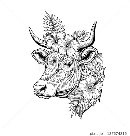 Vector illustration of a cow head adorned with tropical flowers and leaves. Farm animals. Vector illustration of a cow head adorned with tropical flowers and leaves. Farm animals. 127674216