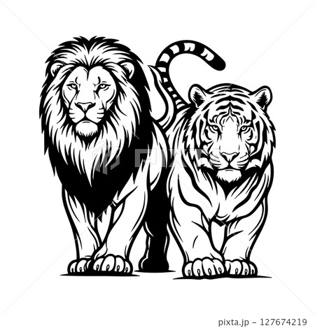 Vector illustration of powerful lion and tiger standing side by side, Wildlife Animals. Vector illustration of powerful lion and tiger standing side by side, Wildlife Animals. 127674219