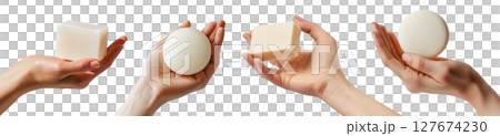 Mockup hand holding cleaning stuff, bar soap isolated on a transparent background for product presentation or design overlay. 127674230
