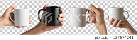 Mockup hand holding plain white, black, and ceramic mug without logo isolated on a transparent background for product presentation or design overlay. Mockup hand holding plain white, black, and ceramic mug without logo isolated on a transparent background for product presentation or design overlay. 127674241