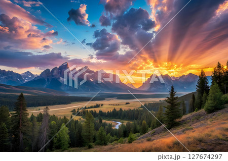 panorama of mountains at sunset 127674297