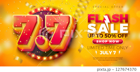 7 July Shopping Day Flash Sale Design with 3d 7.7 Multilayer Number, Light Bulb Billboard and Stage Podium on Yellow Background. Vector Summer Special Offer 50 Percent Off Campaign Discount 127674370