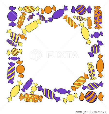 Candy shop lollipops colorful sweets Frame circle round template. Vector graphic line ink illustration. For poster, flyer, banner, invitation, social media, party or sale 127674375